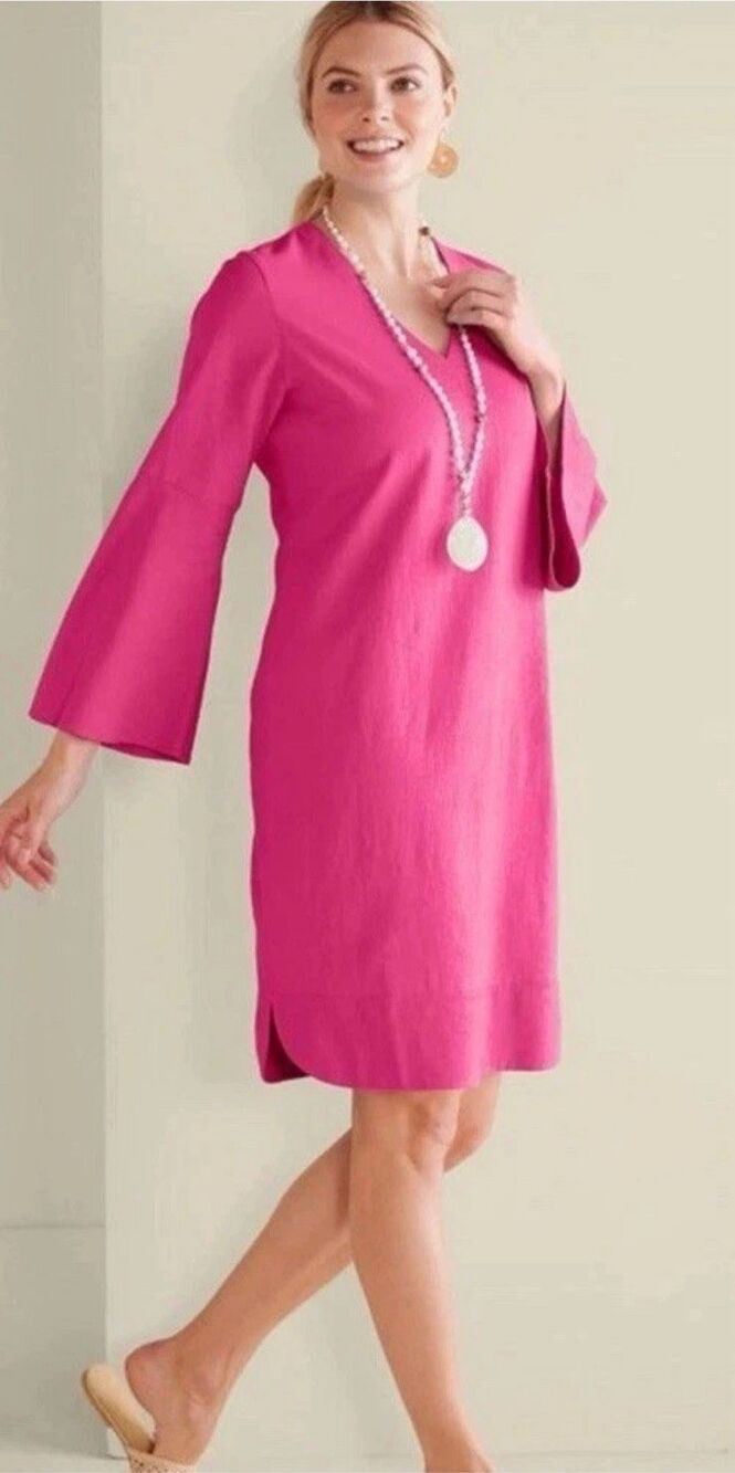 Soft Surroundings Soleil Linen Blend Pink Dress Size L Bell Sleeves V Neck Beach